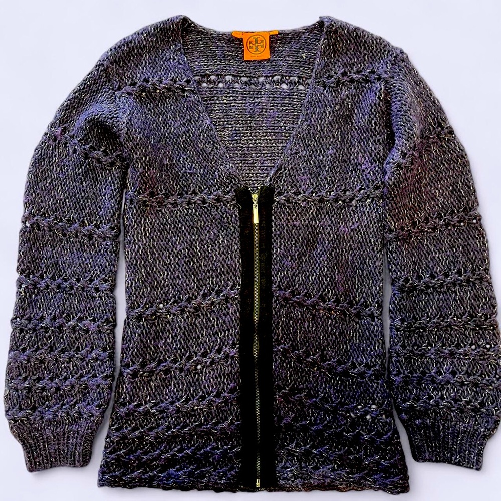 TORY BURCH purple and metallic knit V zip up cardigan sweater